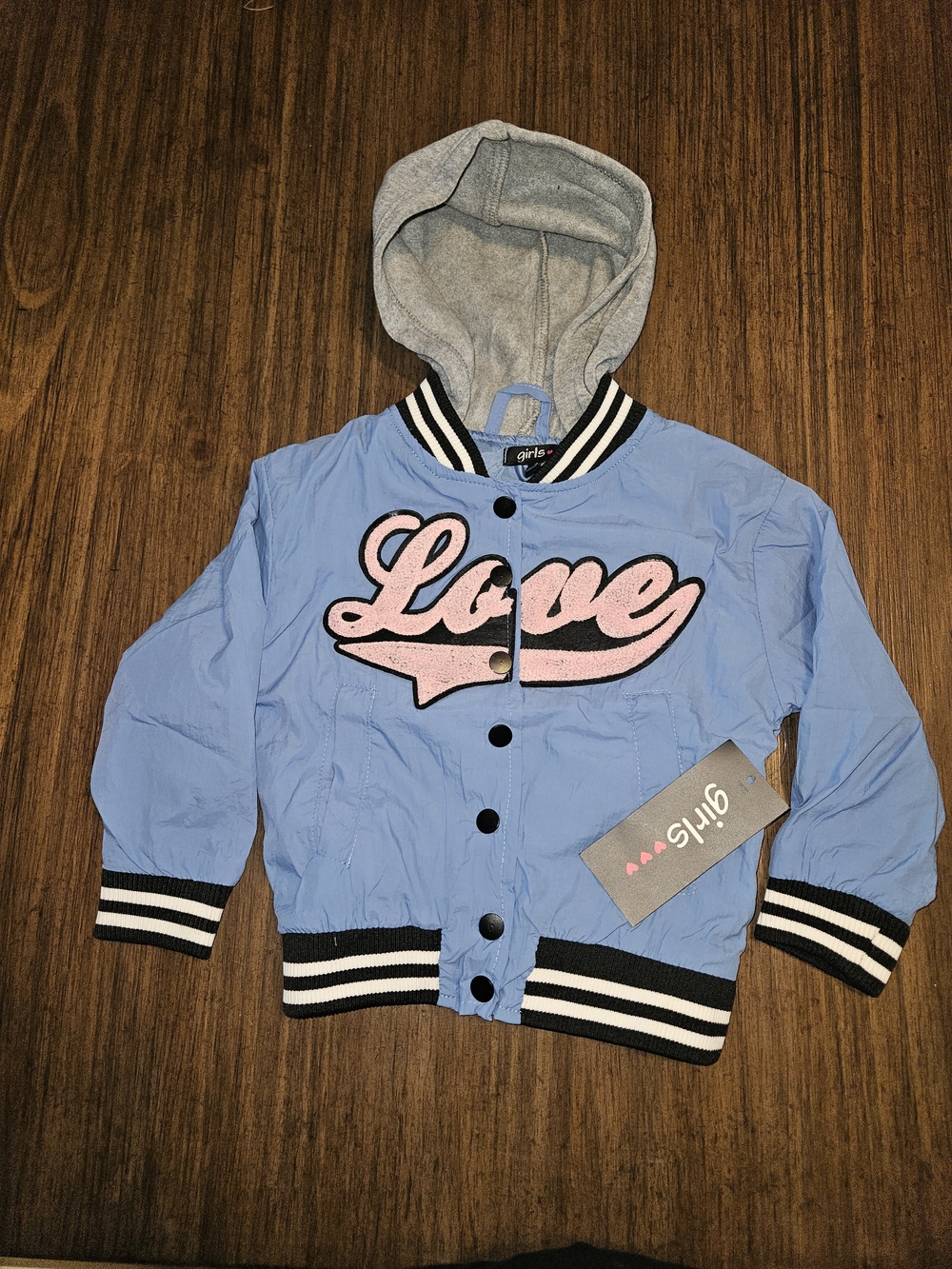 girls Light Blue Girls' Hooded Bomber Jacket with Pink 'Love' Patch